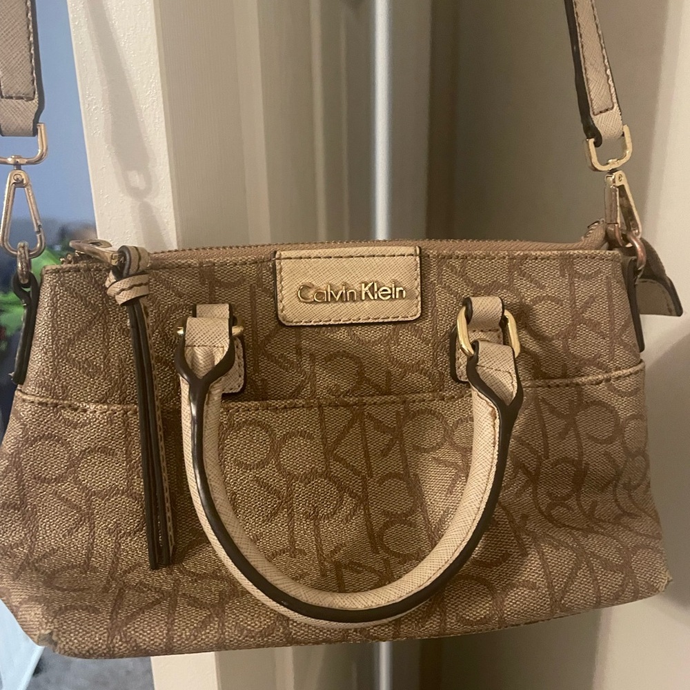 Calvin Klein Tan Satchel with Signature Monogram and Gold Hardware